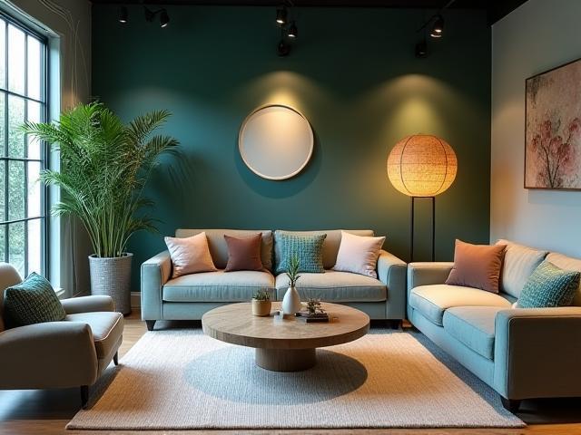 Moderne zoutkamer showroom met aankleding en verlichting